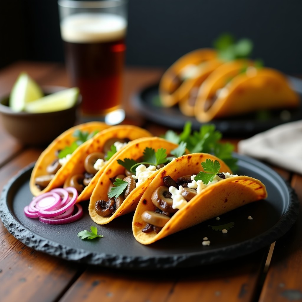 Plato de tacos dorados crujientes rellenos de queso azul desmenuzado y hongos portobello salteados, servidos sobre un lecho de cebolla morada y decorados con cilantro fresco y crema agria.