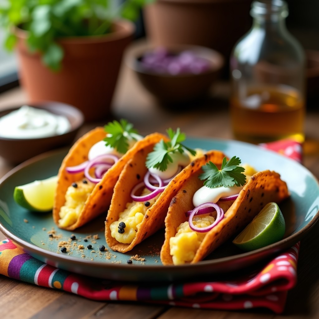 Plato con tacos dorados crujientes rellenos de patatas y queso azul, acompañados de crema agria, cebolla morada y cilantro fresco, receta de tacos dorados de queso azul y patatas.