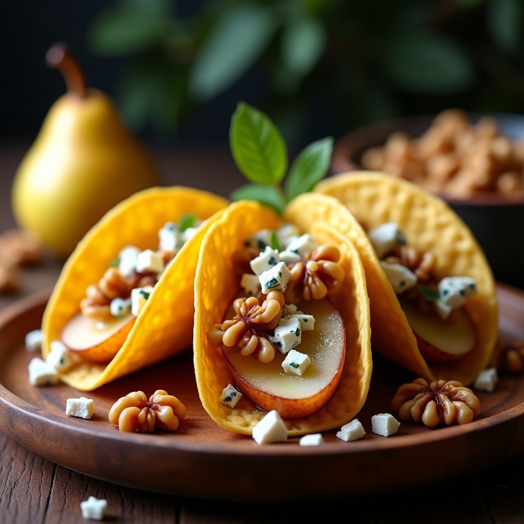 Tacos dorados crujientes rellenos de queso azul desmenuzado y pera caramelizada con nueces, servidos en un plato de madera rústico con fondo oscuro.