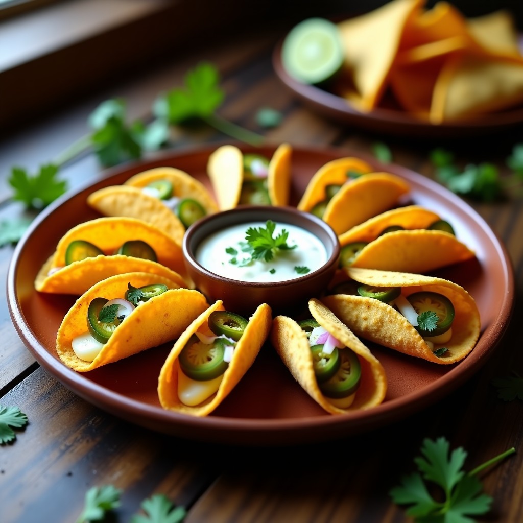 Tacos dorados crujientes rellenos de queso azul fundido y jalapeños en escabeche, servidos en un plato de barro con crema agria y cilantro fresco, receta en airfryer.