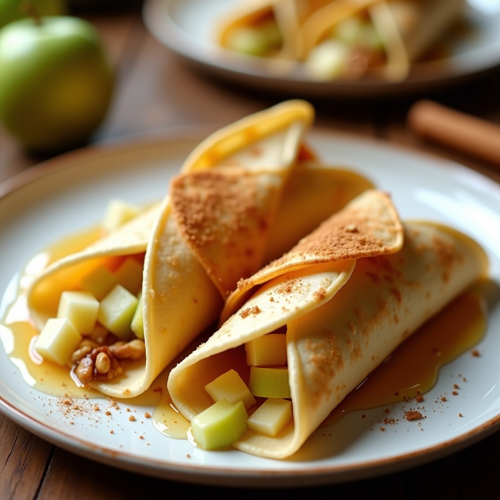 Tacos dorados crujientes rellenos de queso brie fundido y manzana verde macerada, espolvoreados con nueces picadas y canela, servidos en un plato blanco rústico.