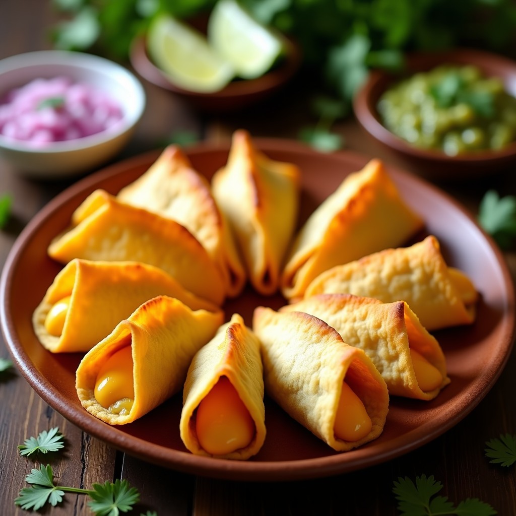 Tacos dorados crujientes rellenos de queso flor de guía servidos en un plato de barro, acompañados de crema de cebolla morada y cilantro, y salsa verde. Receta express en airfryer.