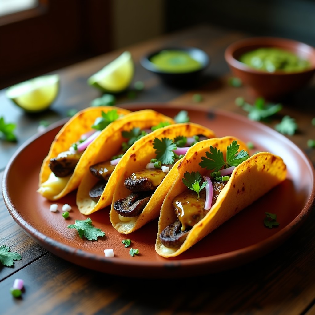 Tacos dorados crujientes de queso Oaxaca fundido y champiñones portobello, servidos en plato de barro con cebolla morada, cilantro y salsa verde, receta en airfryer.