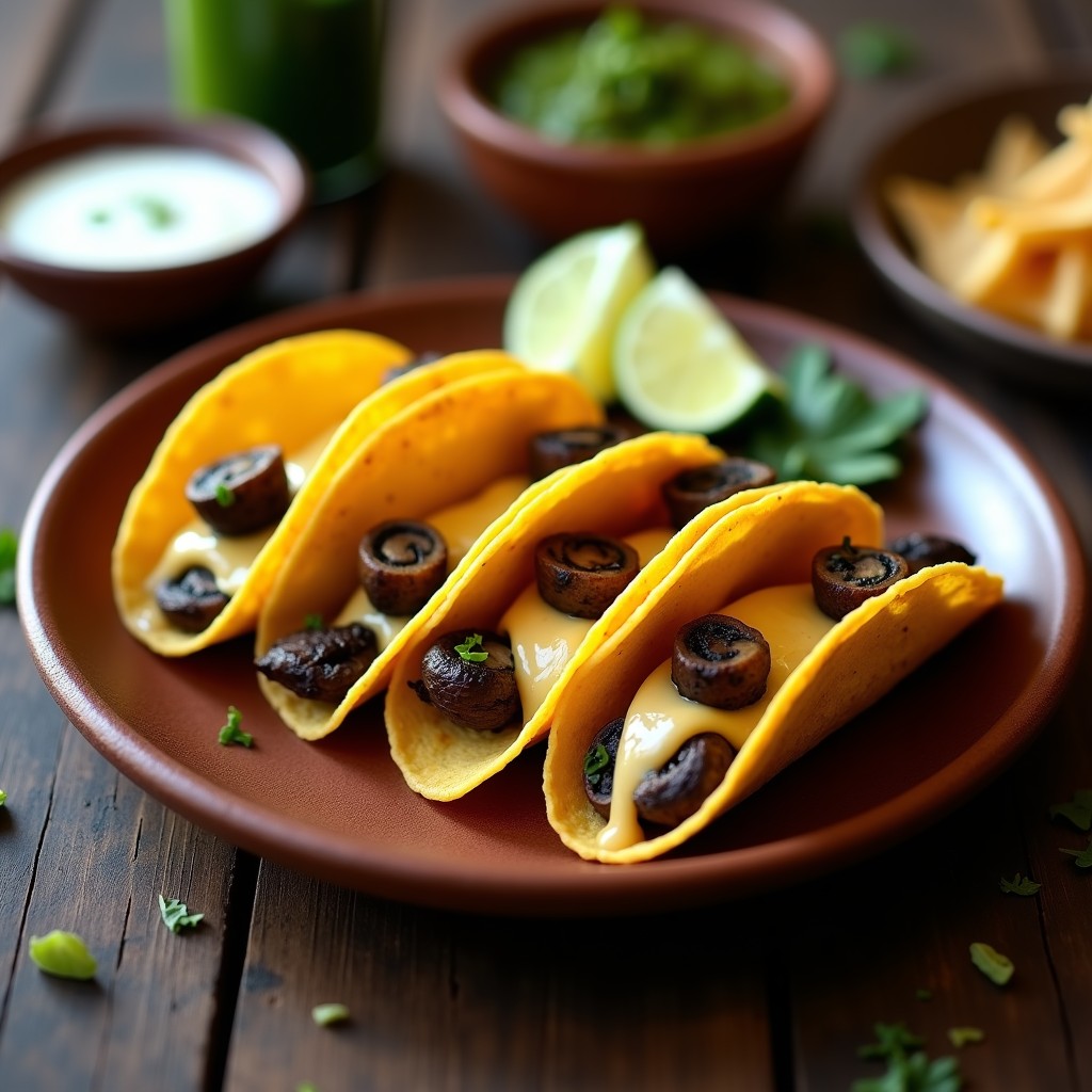Tacos dorados crujientes rellenos de queso Oaxaca derretido y hongos portobello, servidos en un plato de barro con crema agria y salsa verde, receta mexicana en airfryer.