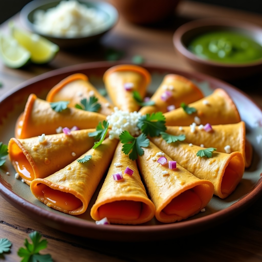 Tacos dorados de queso Oaxaca recién horneados, crujientes por fuera y derritiéndose por dentro, servidos en un plato de barro con cebolla morada, cilantro y salsa verde al lado.