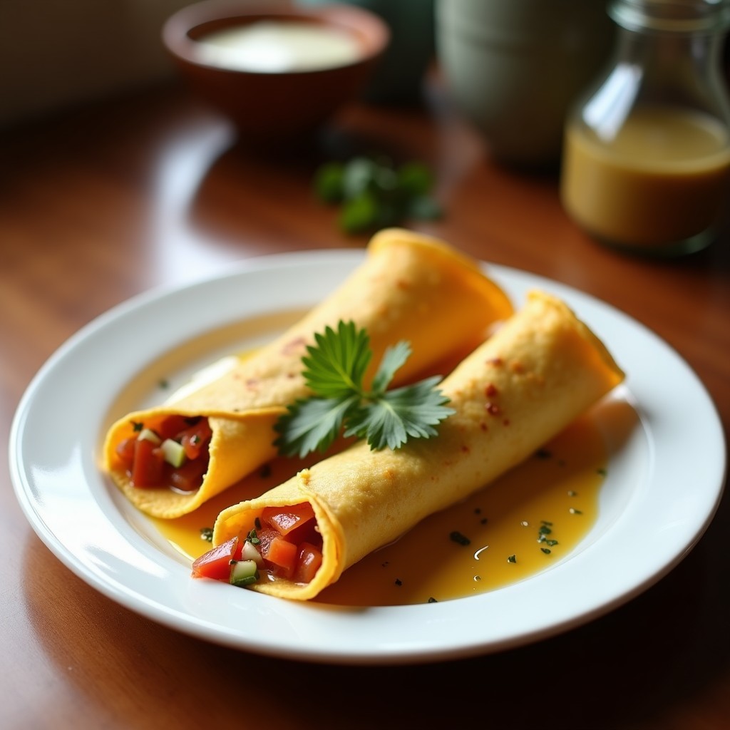 Tacos dorados crujientes rellenos de queso Oaxaca derretido y chile pasilla, servidos en un plato de barro con crema ácida y cilantro fresco, receta express mexicana.