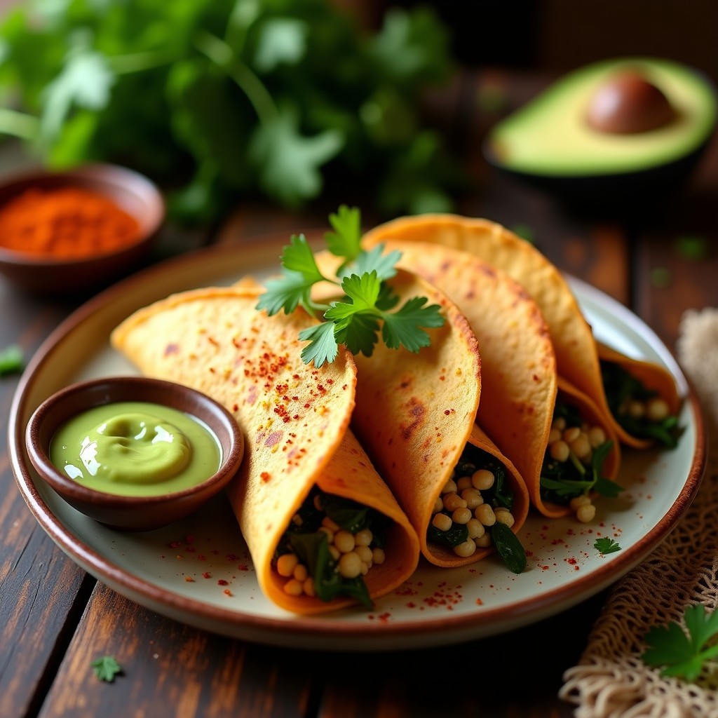 Tacos dorados crujientes rellenos de quinoa y espinacas, servidos en un plato de barro con salsa de aguacate verde y decorados con cilantro fresco, receta vegana en airfryer.