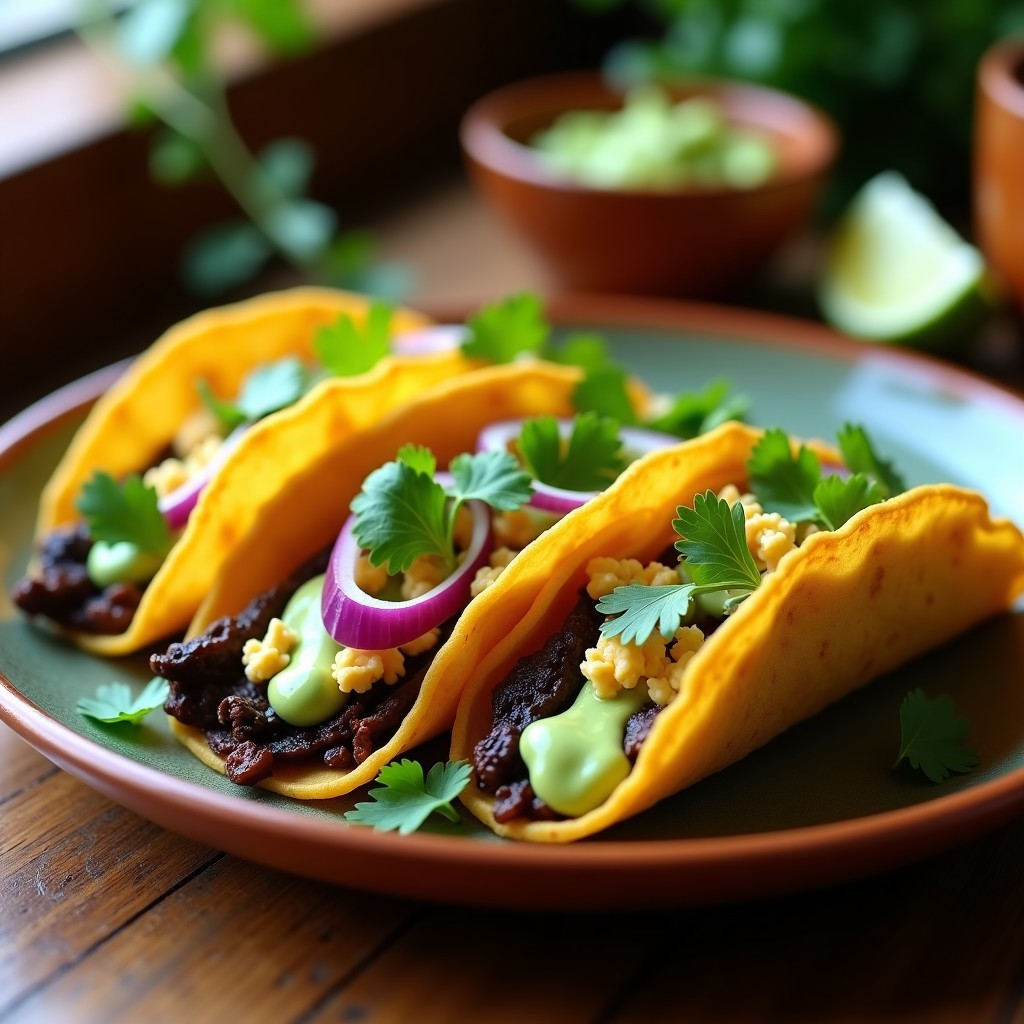 Tacos dorados crujientes rellenos de rajas de chile poblano asado y queso fresco desmenuzado, servidos en un plato de barro con crema de aguacate verde brillante y cilantro fresco. Receta de tacos dorados de rajas con crema de aguacate y queso fresco en Airfryer sin freír.