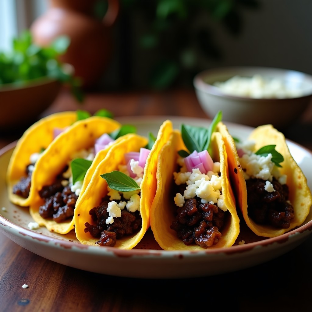 Tacos dorados crujientes rellenos de huitlacoche y queso epazote, servidos en un plato de barro con crema ácida y hojas de epazote fresco, receta gourmet mexicana en airfryer.