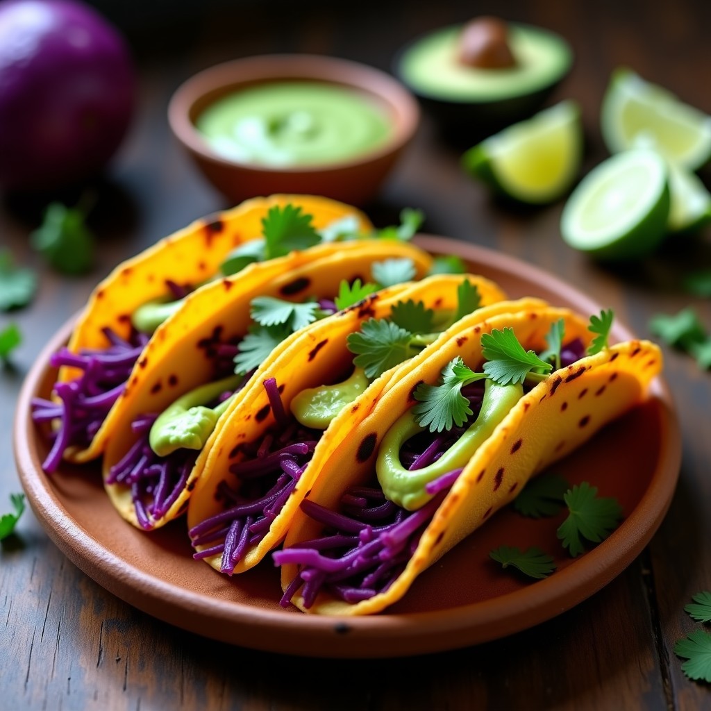 Tacos dorados crujientes de repollo morado veganos servidos en plato de barro, con salsa de aguacate y cilantro fresco, receta en airfryer sin aceite.