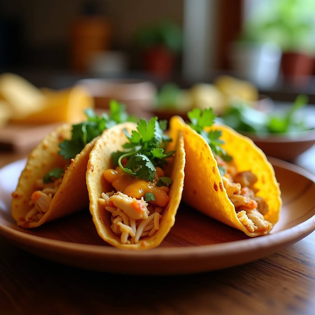 Tacos dorados vecinales crujientes en airfryer, rellenos de pollo desmenuzado y queso fundido, servidos con salsa verde y cilantro fresco.