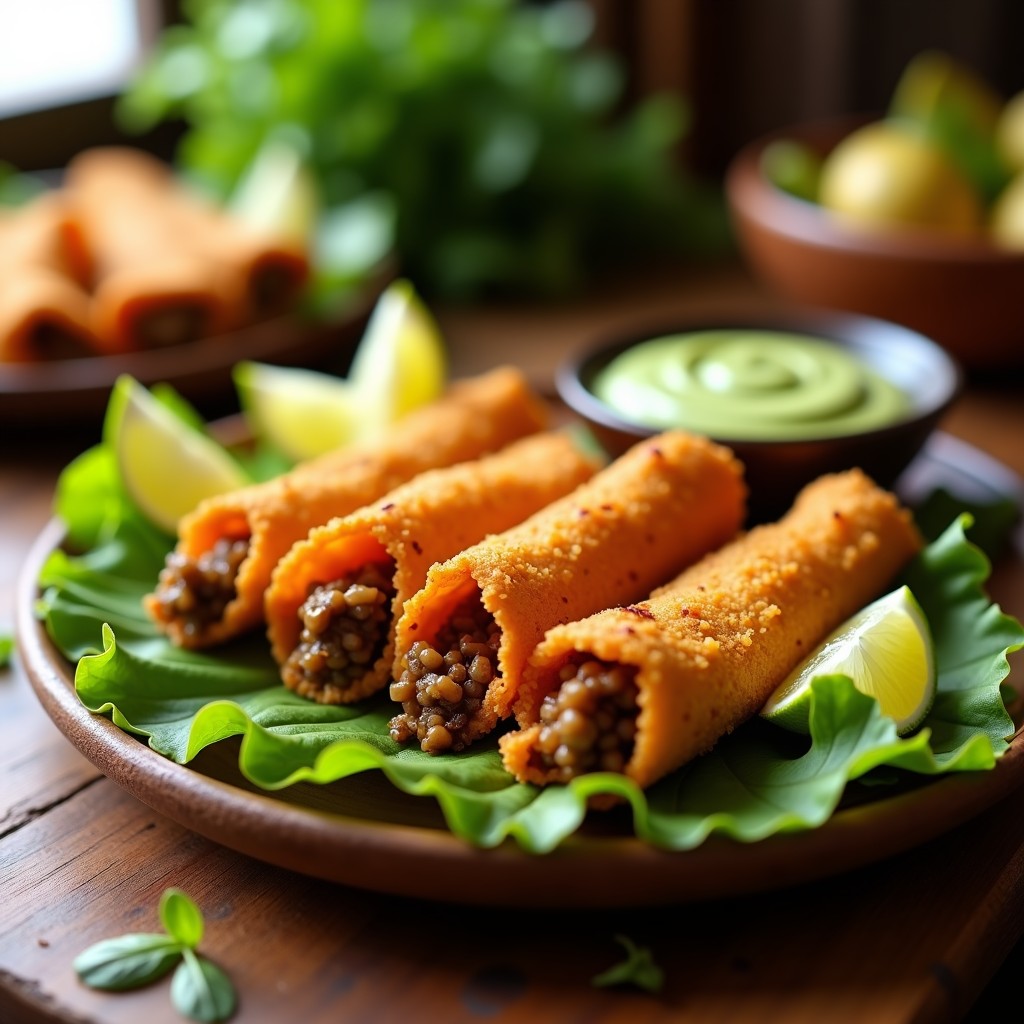 Tacos dorados veganos en airfryer servidos sobre hoja de lechuga, con relleno de lentejas y champiñones, acompañados de salsa de aguacate y rodajas de limón.