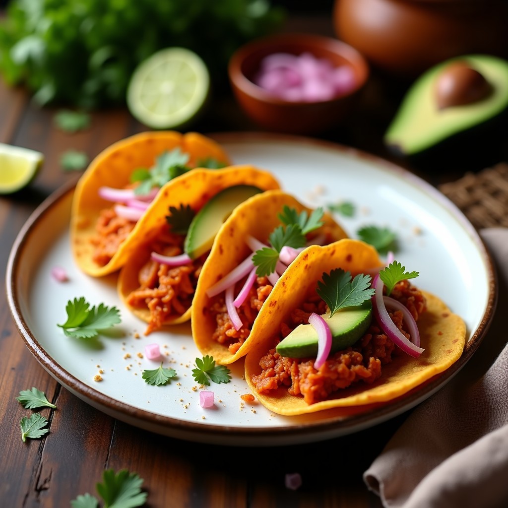 Plato con tacos dorados veganos de jackfruit pibil, rellenos de jackfruit desmenuzado marinado en achiote, servidos sobre tortillas de maíz azules crujientes, acompañados de cebolla morada encurtida, rodajas de aguacate y cilantro fresco.