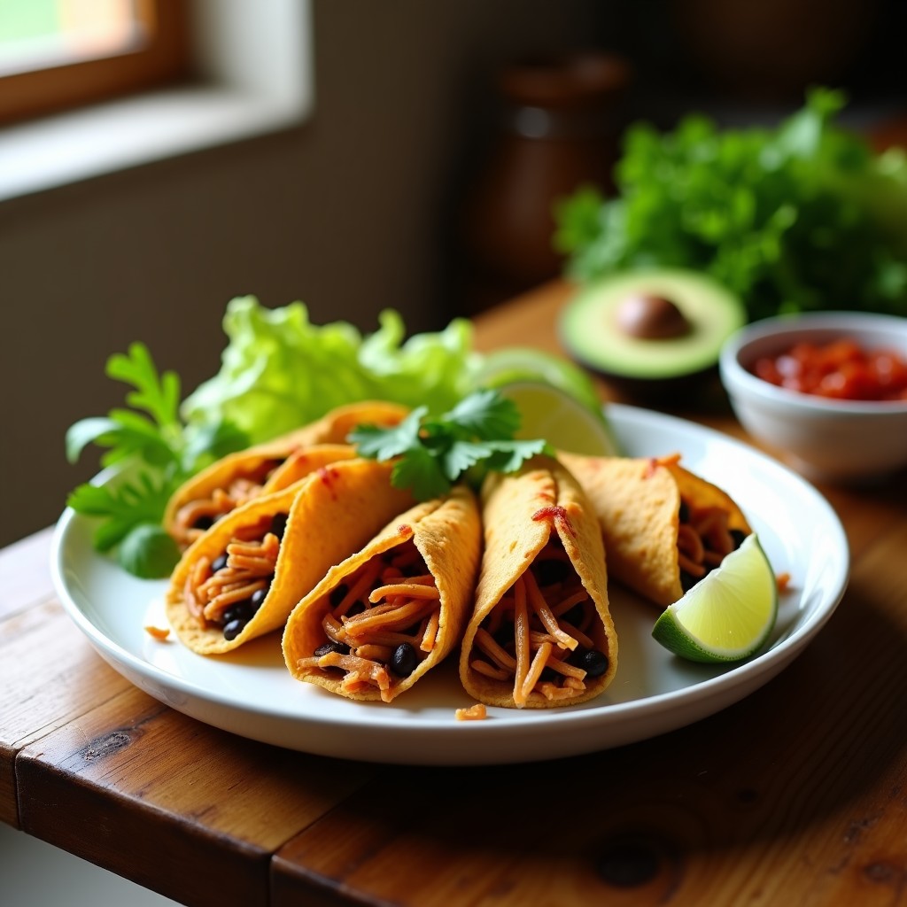 Plato con tacos dorados veganos crujientes rellenos de jackfruit y frijoles negros, servidos con aguacate, lechuga y cilantro fresco sobre una mesa rústica de madera.