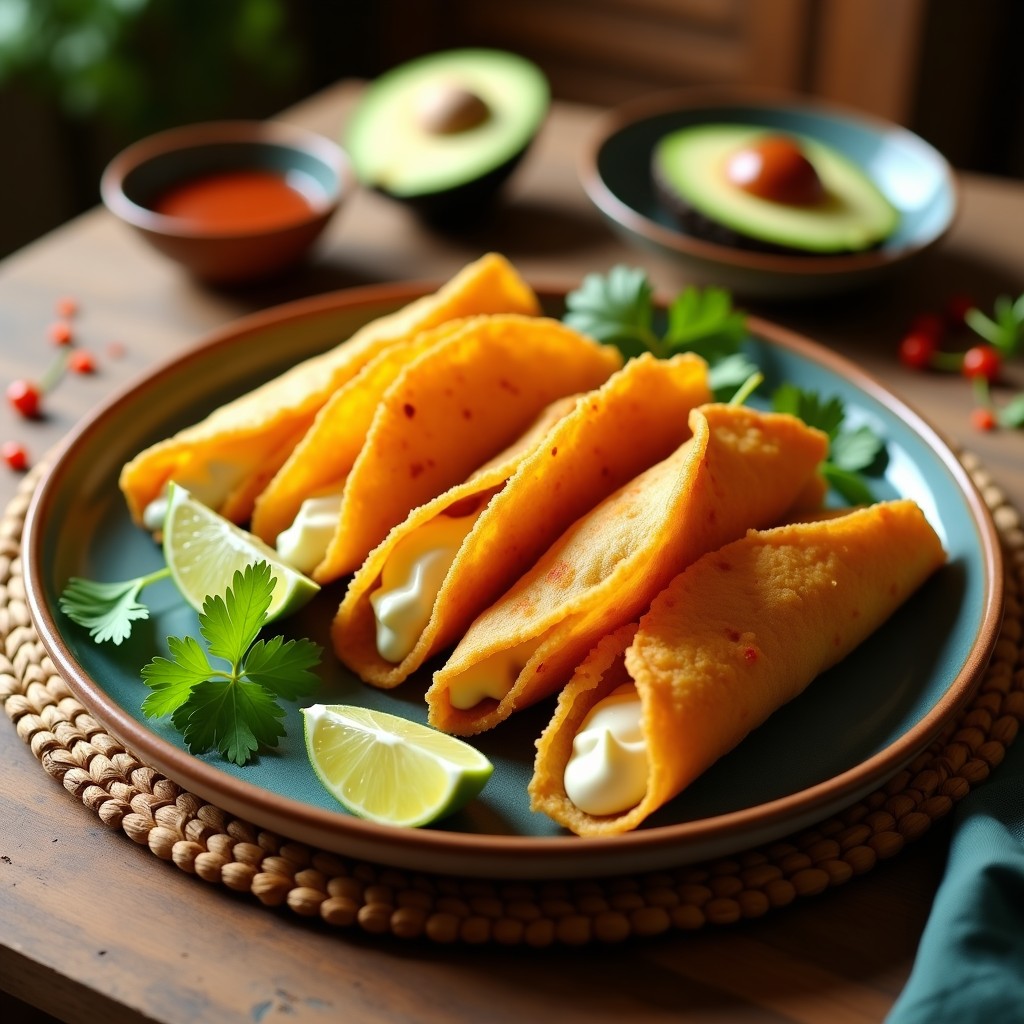 Plato con tacos dorados veganos de papa llenos, crujientes por fuera, rellenos de puré de papa especiado, acompañados de aguacate, cilantro y salsa de chile chipotle, servidos sobre un mantel rústico.