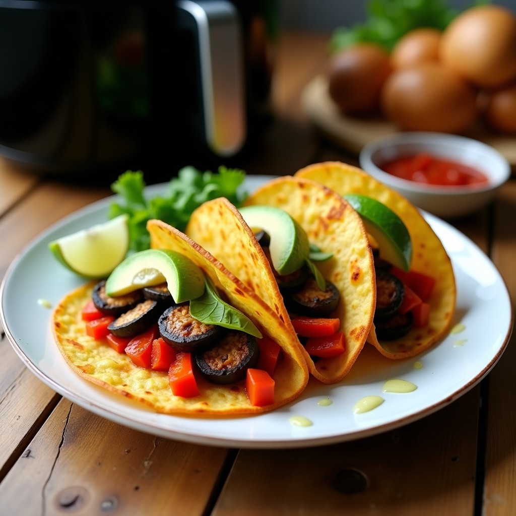 Tacos dorados crujientes de maíz azul rellenos de berenjena y pimiento rojo ahumado, servidos con aguacate y lechuga, receta vegana en airfryer.