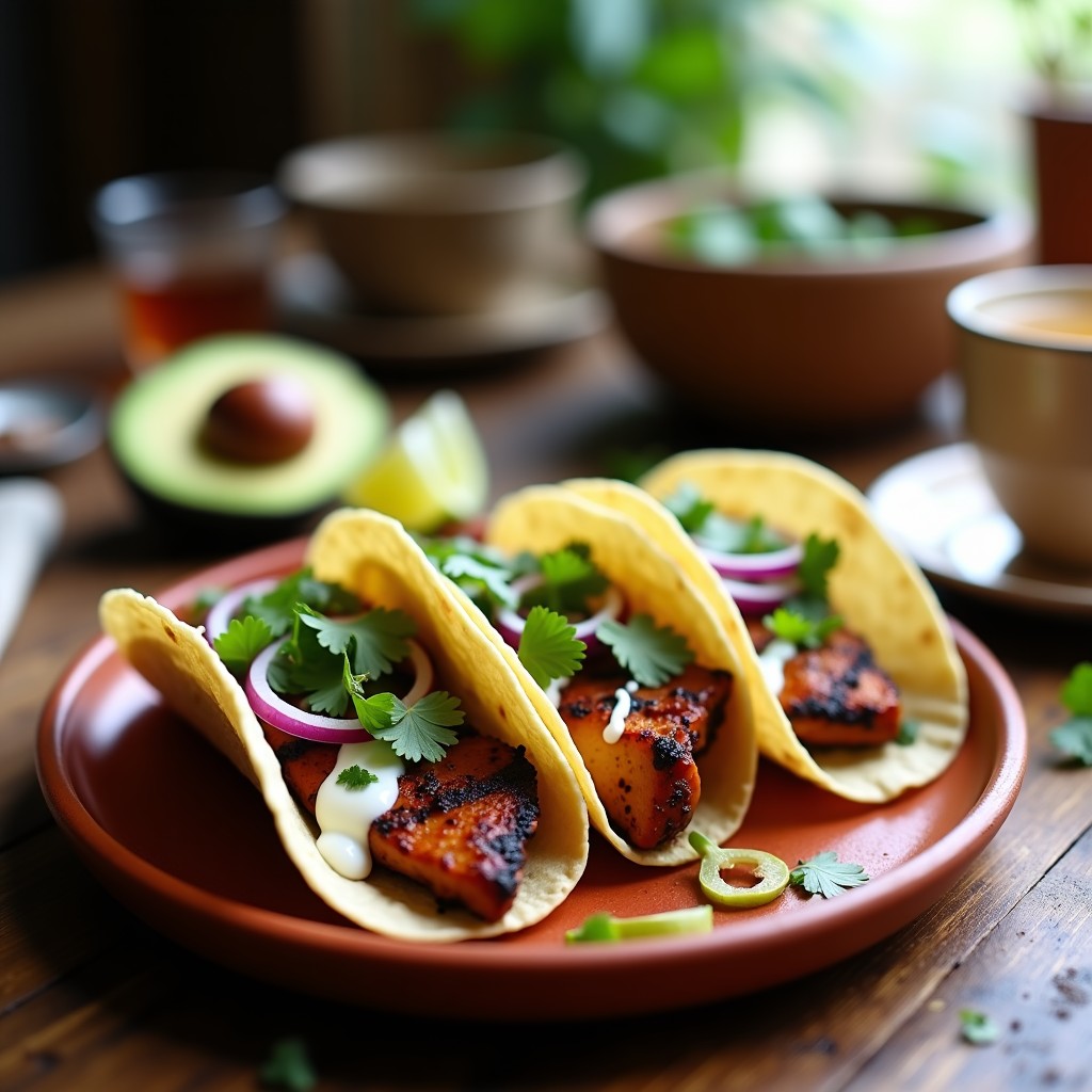 Plato de tacos de maíz rellenos de pollo ahumado dorado con infusión de Earl Grey, acompañados de rodajas de aguacate, cebolla morada y salsa de yogur griego con cilantro fresco.