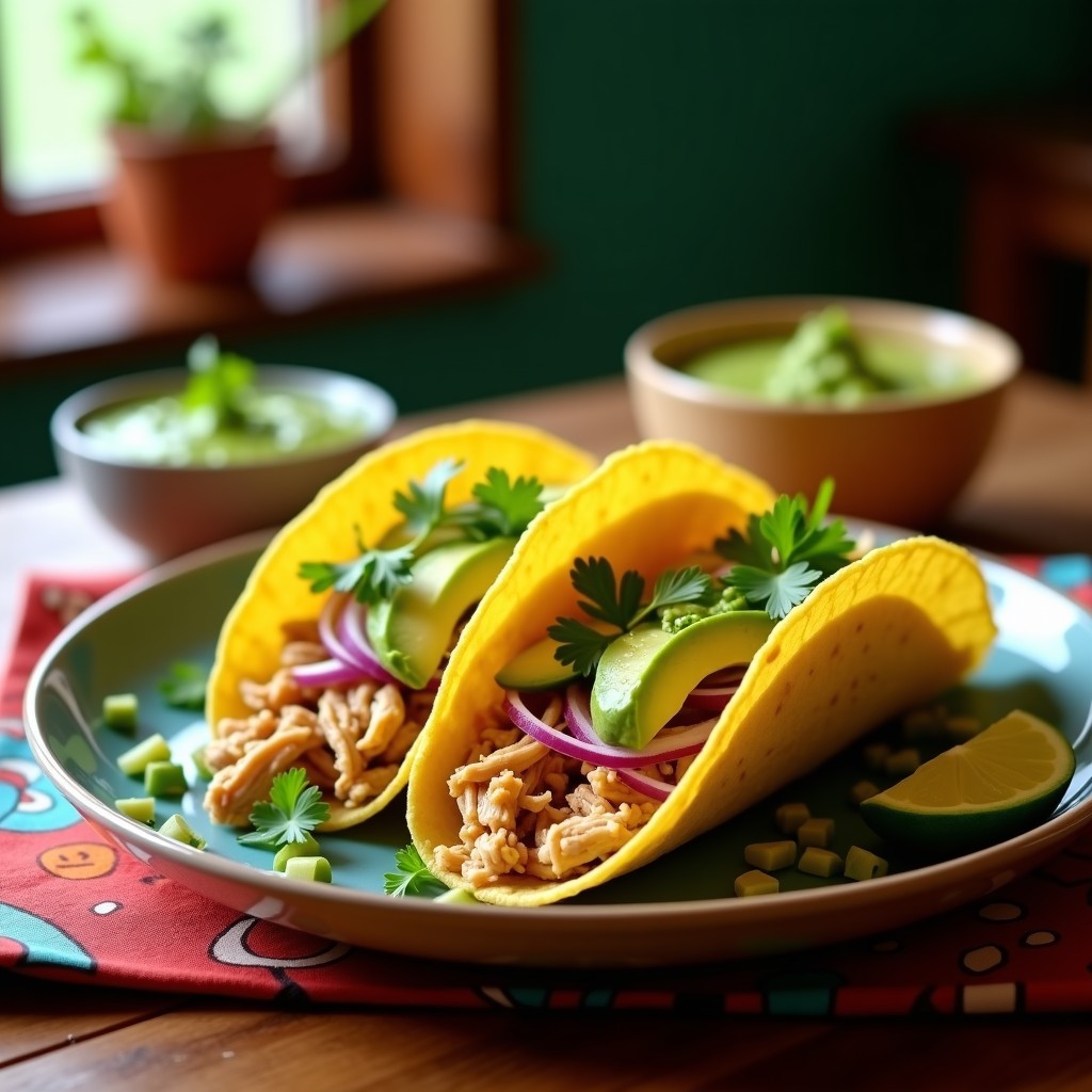 Plato colorido con tacos de ensamblaje rápido rellenos de pollo desmenuzado, aguacate, cebolla morada y cilantro, acompañados de salsa verde fresca en un bol apartado. Receta express de tacos mexicanos.