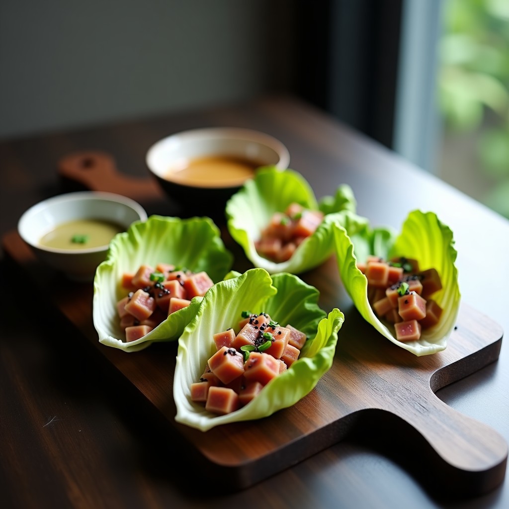 Tacos elegantes de hojas de endibia rellenos de atún marinado en salsa de soja y jengibre, coronados con salsa de wasabi, semillas de sésamo negro y pimienta rosa. Plato de fusión japonesa-sin gluten con toque gourmet.