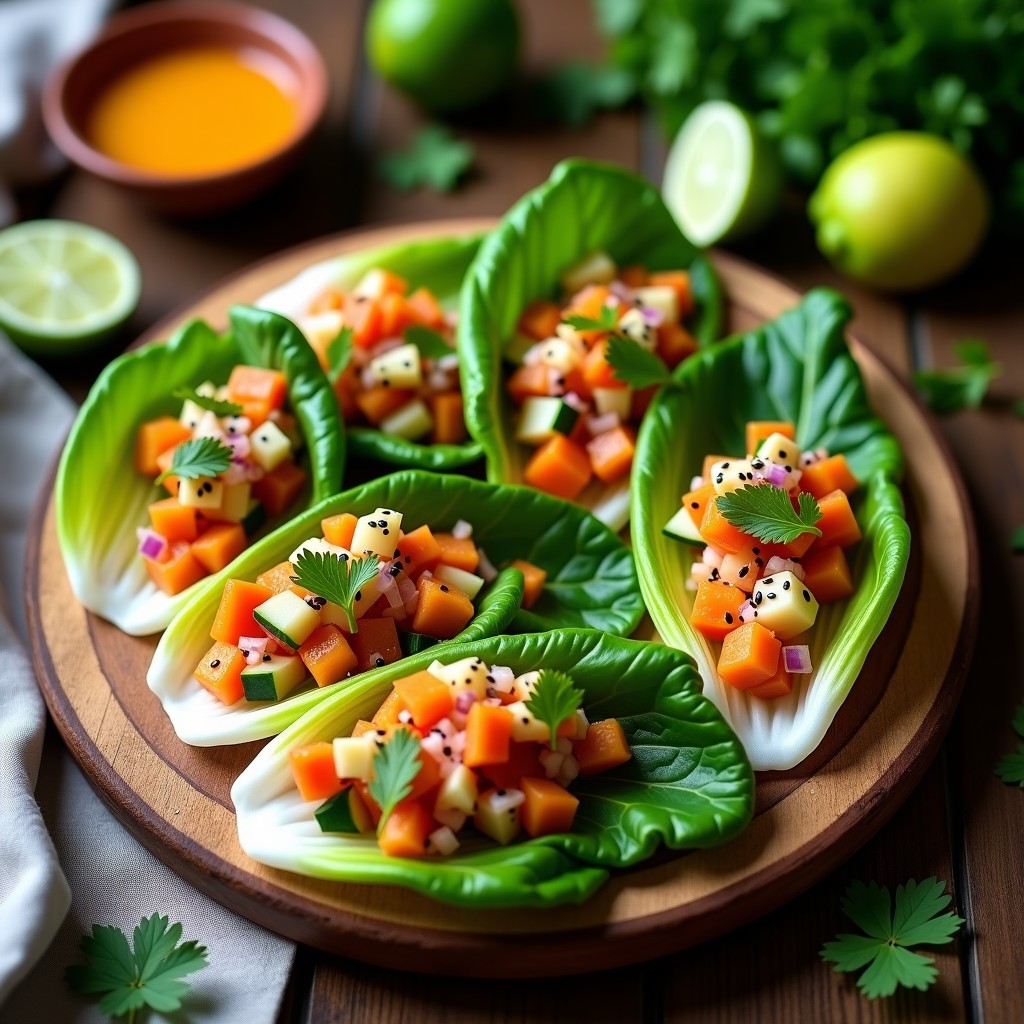 Tacos de endivias belgas rellenos de ceviche de zopa de vino, con tiras de pimiento rojo, pepino y cebolla morada marinados en cítricos. Decorado con semillas de sésamo negro y cilantro fresco sobre una bandeja de madera.