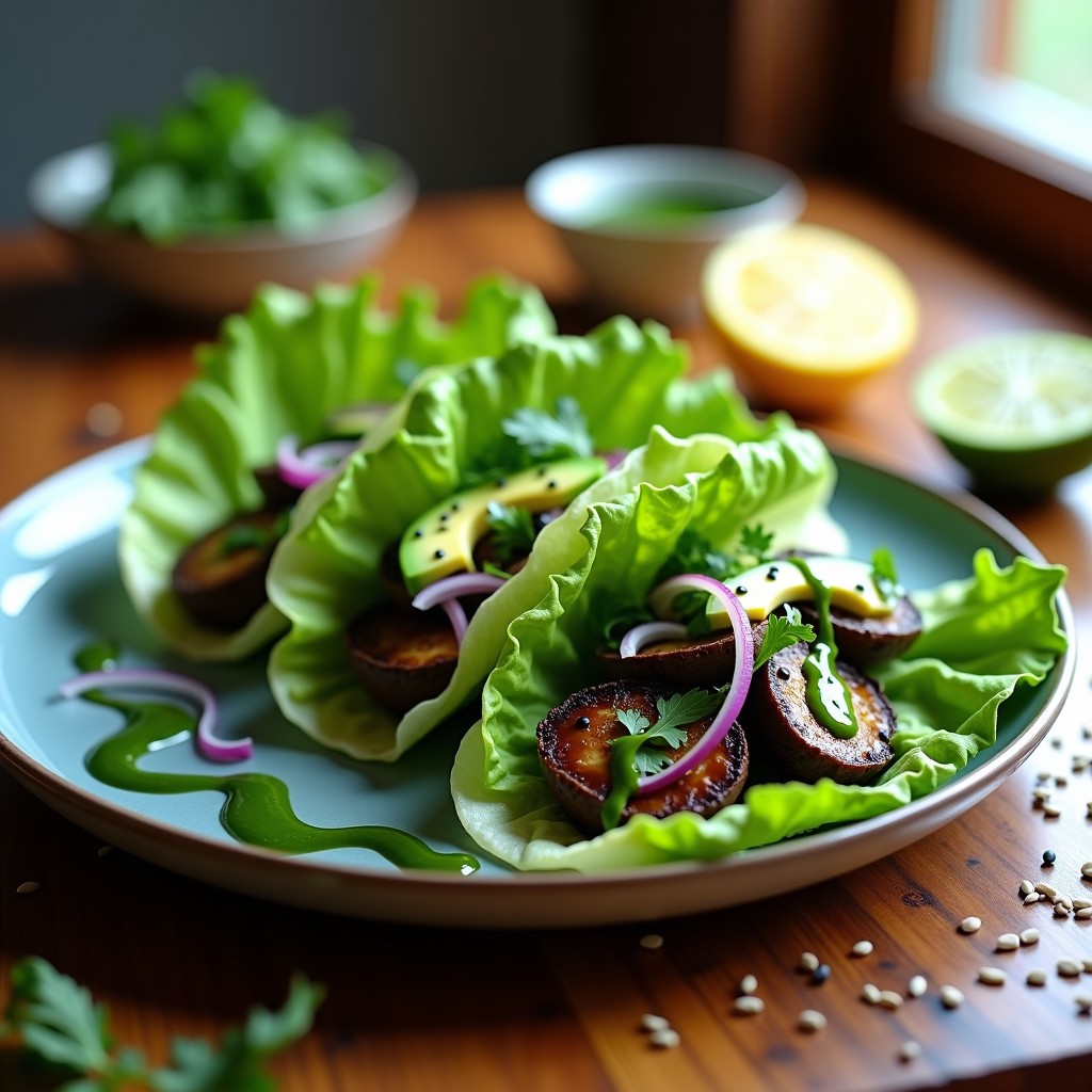 Tacos crudiveganos con hojas de lechuga romana rellenas de láminas de champiñones portobello marinados en limón y comino, aguacate en cubos, apio en juliana, perejil fresco y aderezo azul-verde de espirulina, espolvoreados con semillas de sésamo.