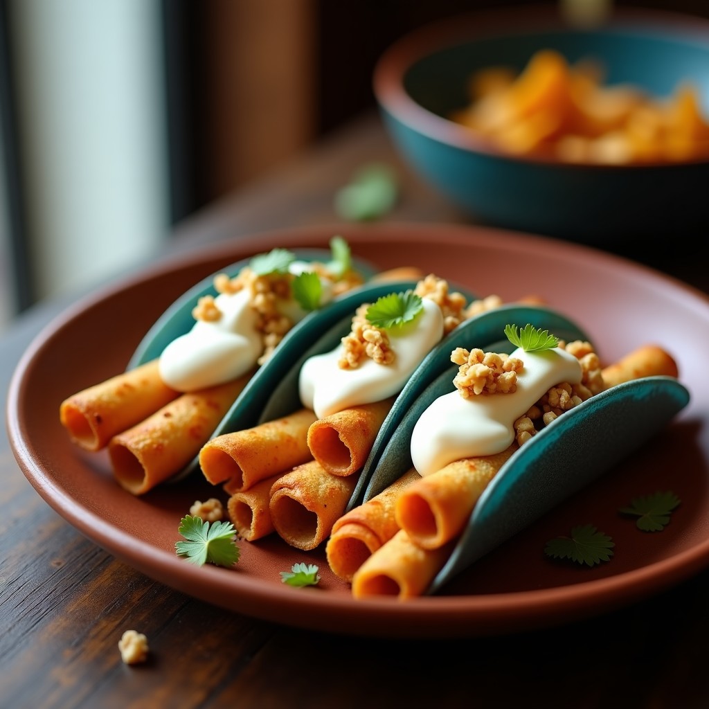 Plato blanco con tacos de flautas de canela doradas y crujientes, servidas en trozos diagonales sobre un lecho de crema de queso de cabra espesa, decoradas con nueces picadas y cilantro fresco. Receta dulce-salada en airfryer con toque mexicano.