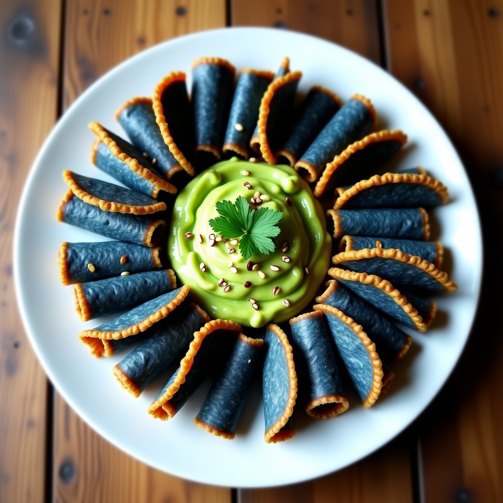 Tacos de Flautas de Maíz Azul con Guacamole de Edamame: Receta Vegana y Crujiente