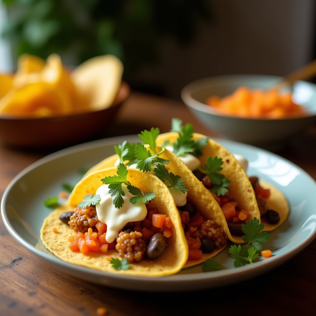 Tacos vascos crujientes de flor de calabacín rellenos de queso de cabra fundido y piparras en rodajas, servidos en un plato de madera rústico con hojas de albahaca fresca y un hilo de aceite de oliva virgen extra. Receta de tacos de flor de calabacín con queso de cabra y piparras en airfryer.