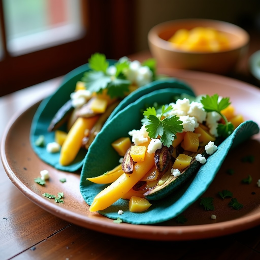 Plato de tacos de flor de calabaza y chapulines con salsa de guanábana, servidos en tortillas de maíz azul sobre un mantel de barro oaxaqueño, con cilantro fresco y queso desmenuzado como decoración.