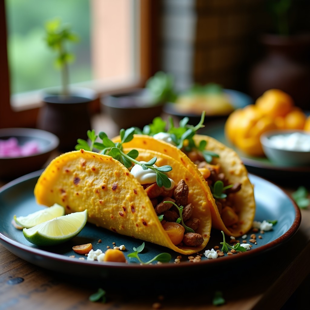 Tacos gourmet de flor de calabaza y hongo chanterelle en tortillas de maíz azules, decorados con microgreens de rábano, crema agria y chile serrano, servidos en un plato de barro negro con fondo difuminado.