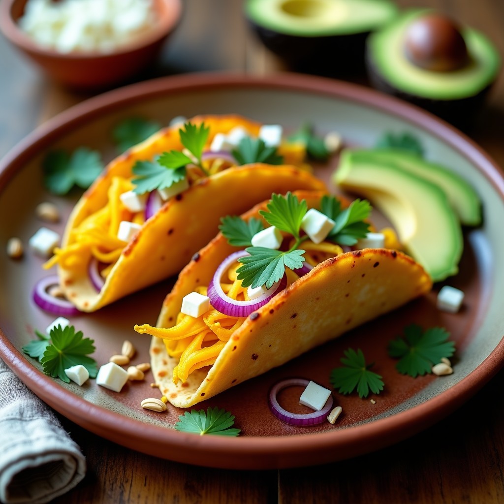 Tacos dorados de flor de calabaza y queso de almendras en Airfryer, servidos en plato de barro con cebolla morada, aguacate y cilantro fresco. Receta vegana y sin gluten.