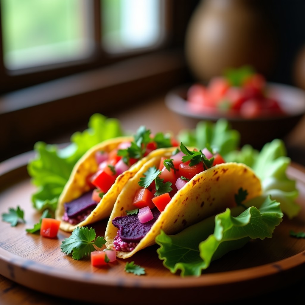 Plato de tacos dorados y crujientes rellenos de flor de jamaica y requesón, servidos sobre hojas de lechuga romana con salsa fresca de jitomate, cebolla morada y cilantro. Receta mexicana alta en hierro en airfryer.
