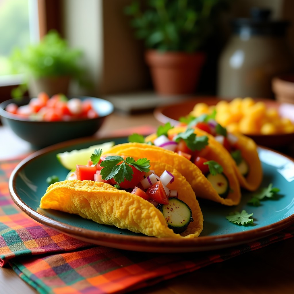 Tacos de tortilla de maíz abiertos con flores de calabacín doradas y crujientes rellenas de queso paneer, acompañados de pico de gallo, crema agria y salsa de chipotle en un plato de barro rústico sobre una mesa de madera.