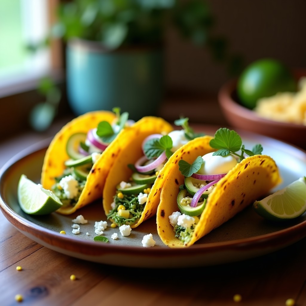 Tacos dorados y crujientes de flores de calabaza y requesón en airfryer, servidos en plato de barro con queso cotija desmenuzado y salsa verde, receta mexicana alta en proteína.