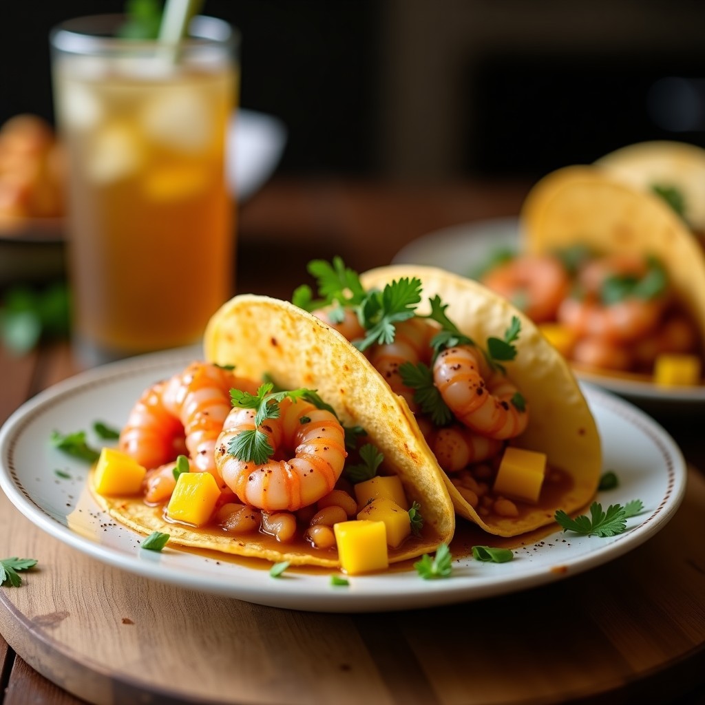 Tacos abiertos de maíz con langostinos rosados bañados en mojo cubano, ensalada fresca de mango, cebolla morada y cilantro, decorados con semillas de sésamo y hierbabuena sobre un plato de madera rústico.