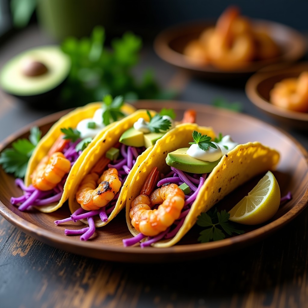 Tacos abiertos de maíz con gambas doradas al ajo y perejil, lechuga morada, aguacate en cubos y salsa de yogur griego sobre un plato de madera rústico.