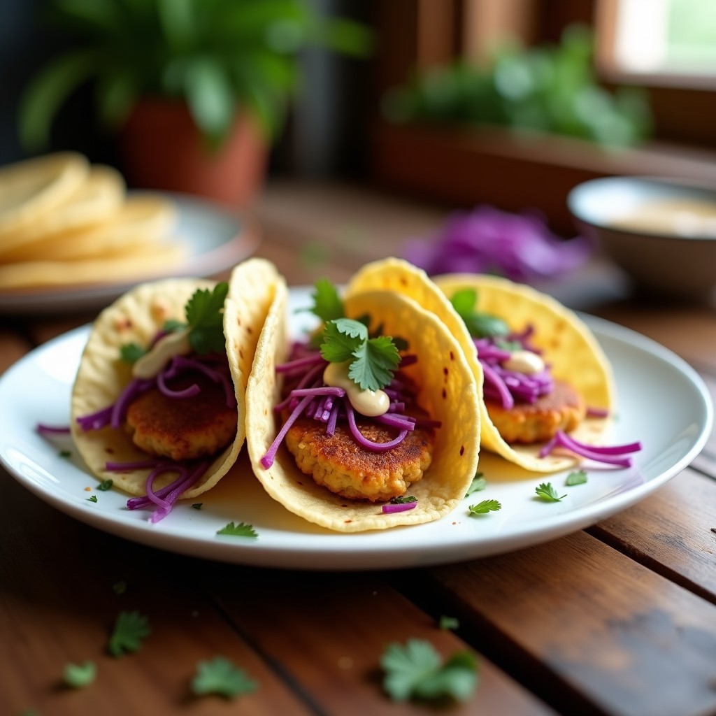 Plato rústico con tacos de garbanzos dorados y crujientes en tortillas de maíz, rellenos de col morada en juliana y cebolla morada, bañados en salsa de tahini cremosa y decorados con cilantro fresco. Receta vegana crujiente en airfryer.