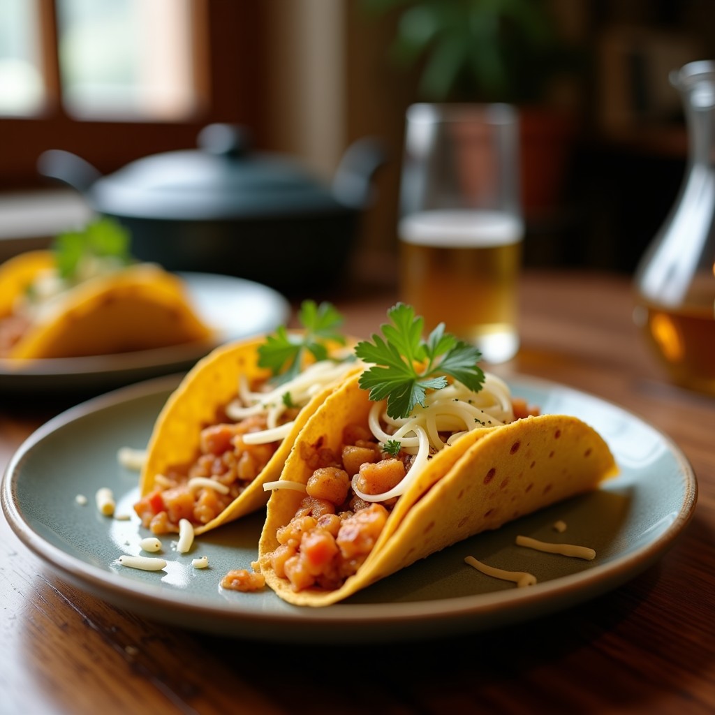 Tacos Gobernador de Camarón Ahumado y Queso Gratinado en una tortilla dorada, lista para ser servida