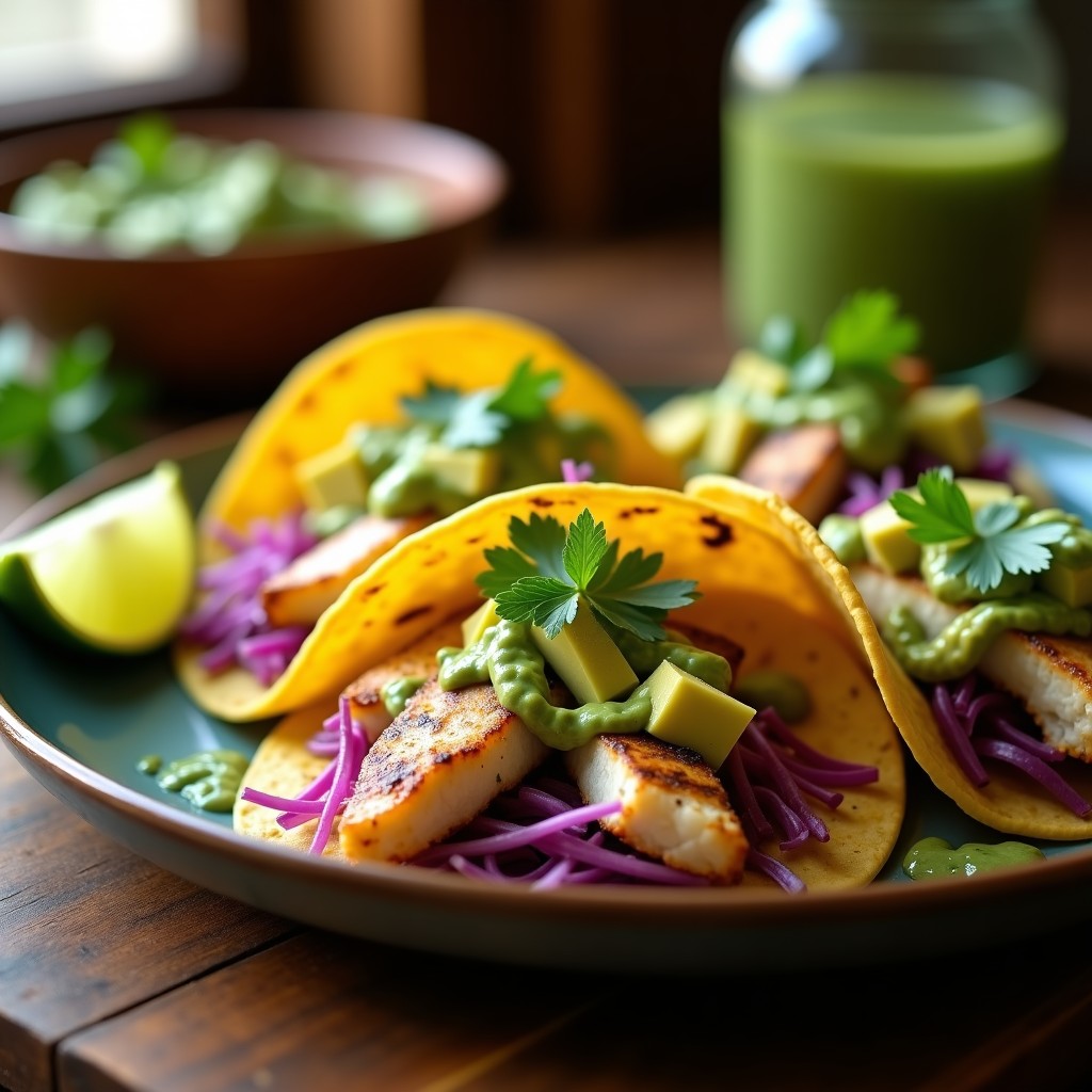 Plato de tacos de pescado a la parrilla con mojo verde, servidos en tortillas de maíz con aguacate, cebolla morada y repollo. Receta rápida y baja en calorías.
