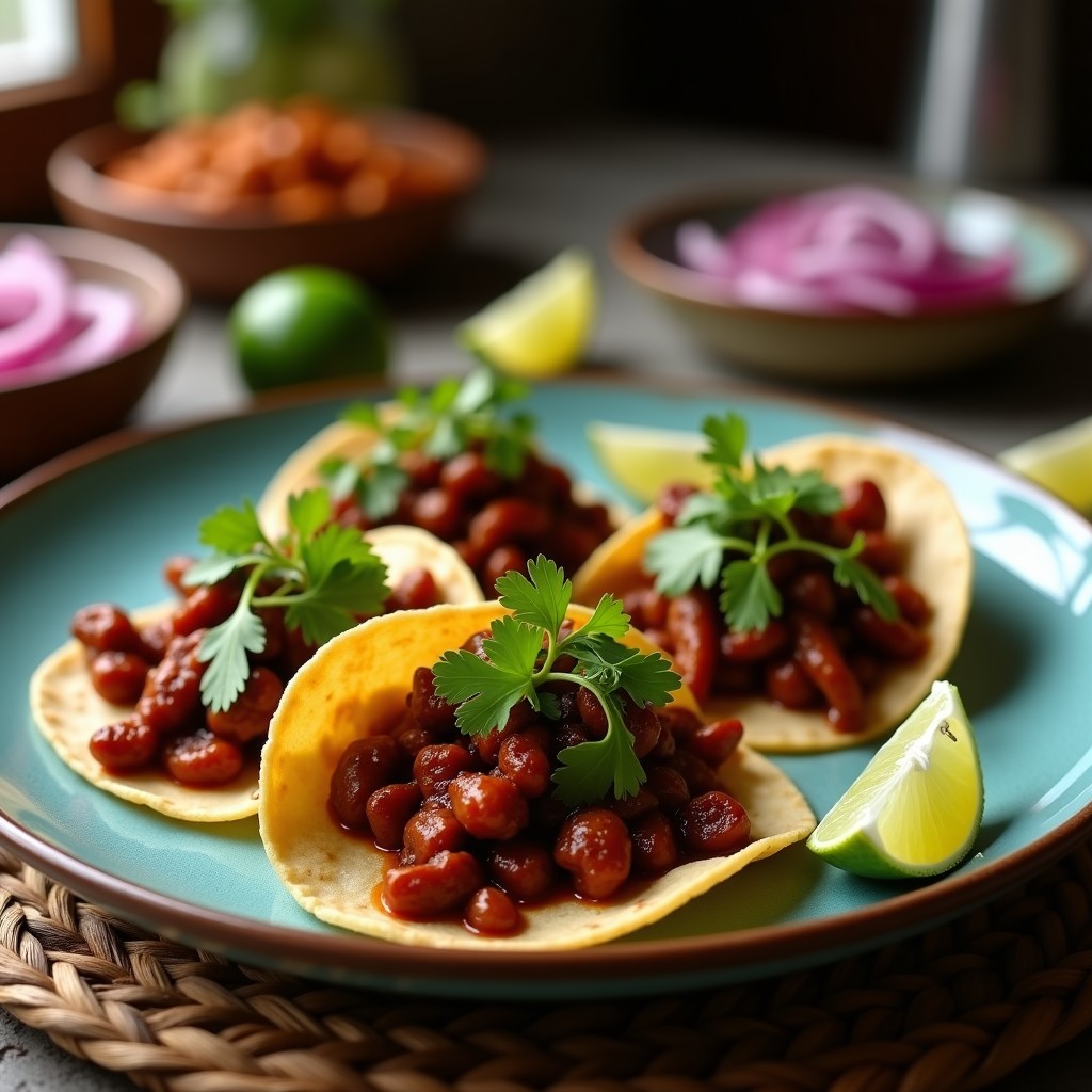Plato de tacos de grillos con chile pasilla en tortillas de maíz azul, decorados con cilantro fresco y rodajas de limón sobre un mantel rústico.