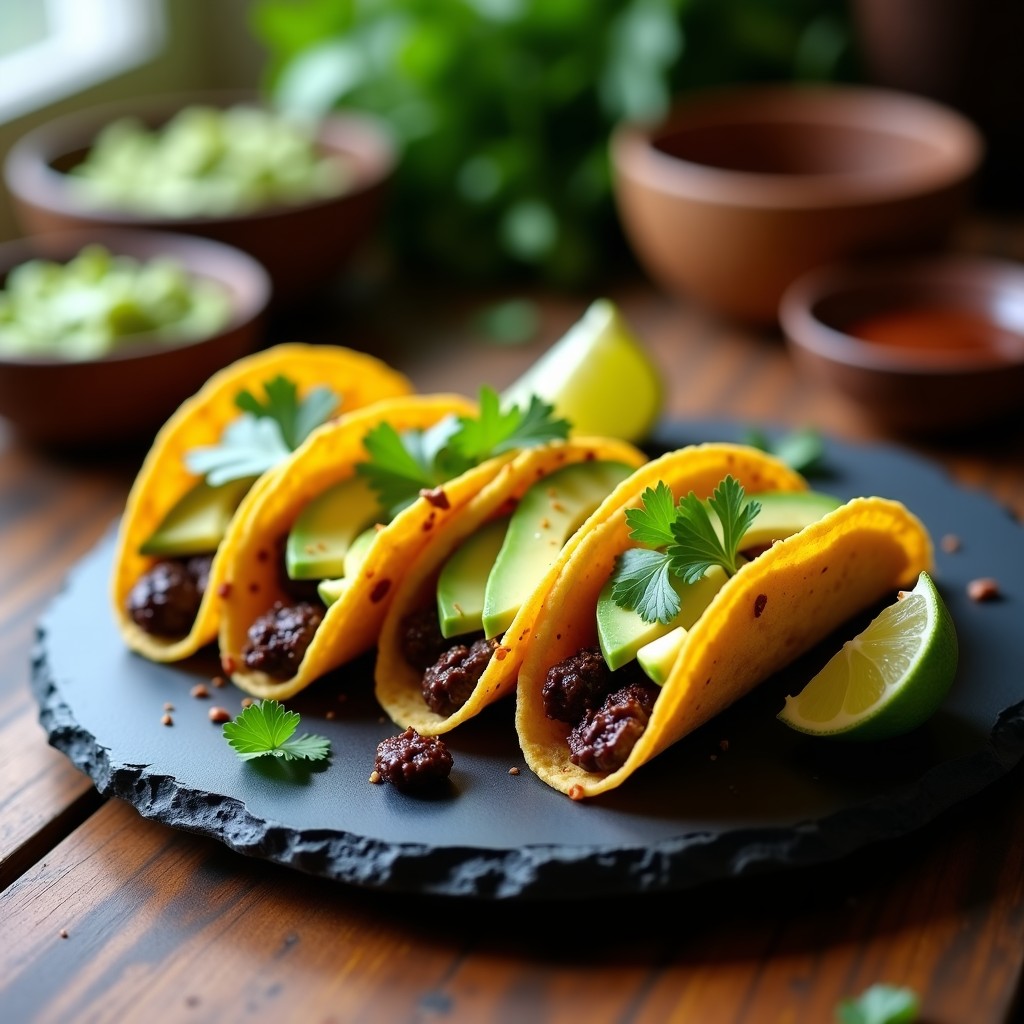 Plato de tacos abiertos con grillos crujientes bañados en salsa de chocolate negro, decorados con aguacate en rodajas y cilantro fresco sobre tortillas de maíz doradas, receta gourmet alta en proteína.