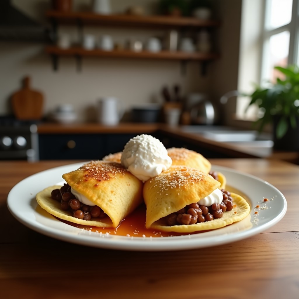 Plato blanco con seis tacos helados de café express, obleas doradas rellenas de crema de plátano y café, espolvoreados con almendras fileteadas y cacao en polvo, servidos sobre hielo picado.
