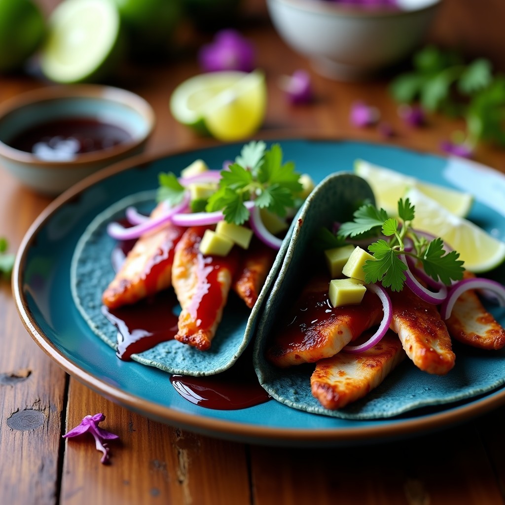 Plato colorido con tacos de maíz azul rellenos de pescado zarandeado dorado, bañados en salsa de hibisco, decorados con cebolla morada, cilantro y aguacate. Receta de tacos de hibisco con pescado zarandeado.