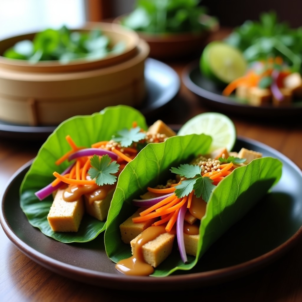 Tacos de hoja de loto verde oscuro rellenos de tofu especiado y verduras, servidos en un plato de cerámica blanca con salsa de cacahuete cremosa, semillas de sésamo y hojas de menta. Receta vegana al vapor sin freír.