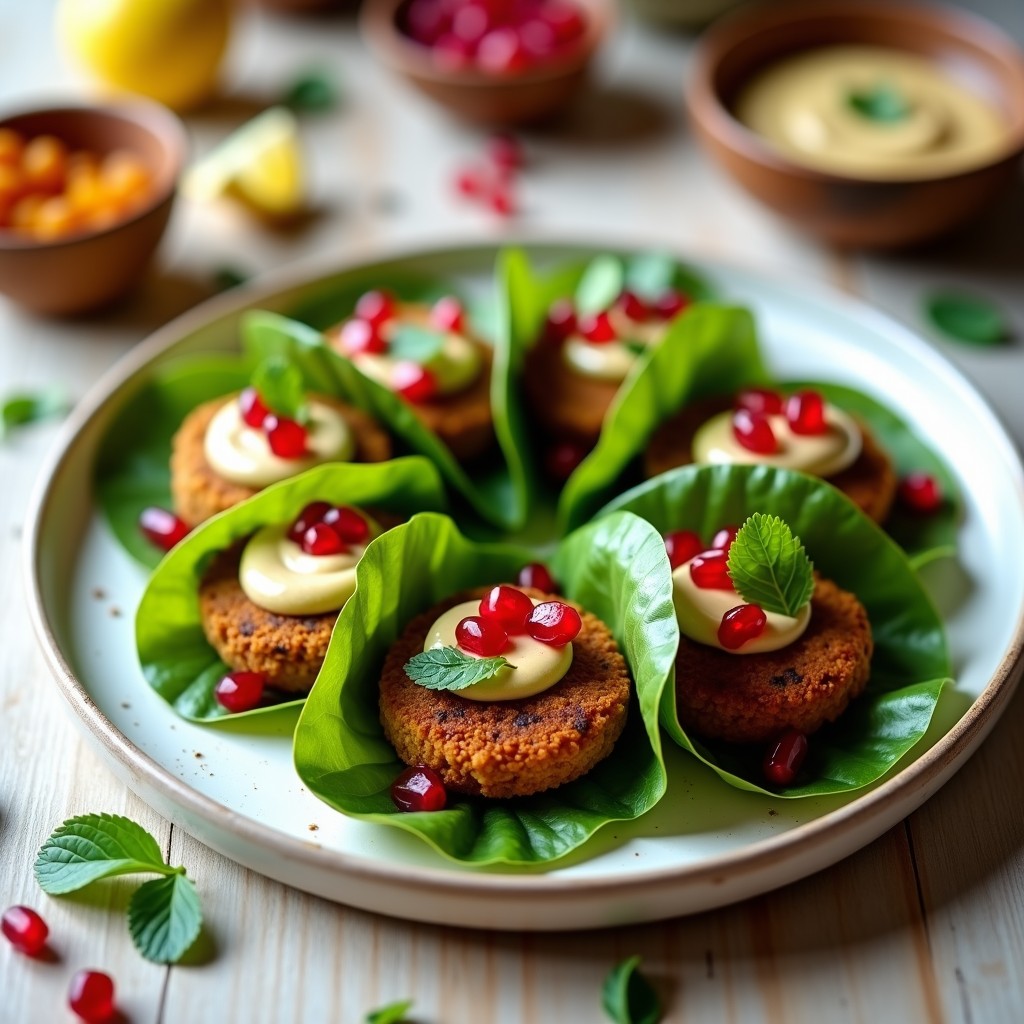 Plato de tacos de hoja de parra rellenos de falafel dorado y crujiente, bañados en salsa de tahini cremosa, decorados con semillas de granada y hojas de menta fresca. Receta libanesa vegana y sin gluten.
