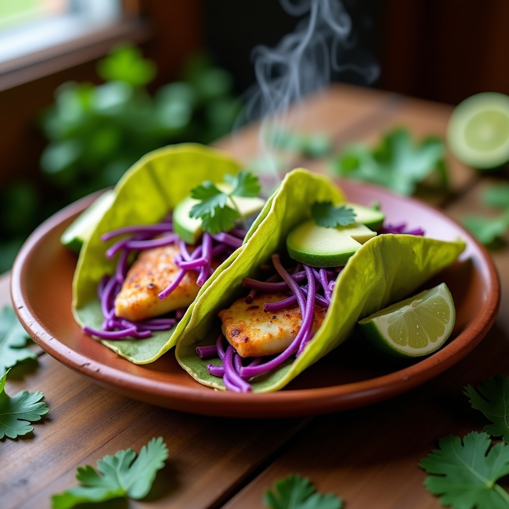 Tacos de hoja de plátano abiertos mostrando filetes de pescado a la talla al vapor, acompañados de lechuga morada, aguacate y crema ácida, sobre un plato de barro rústico con fondo de hojas de plátano frescas.