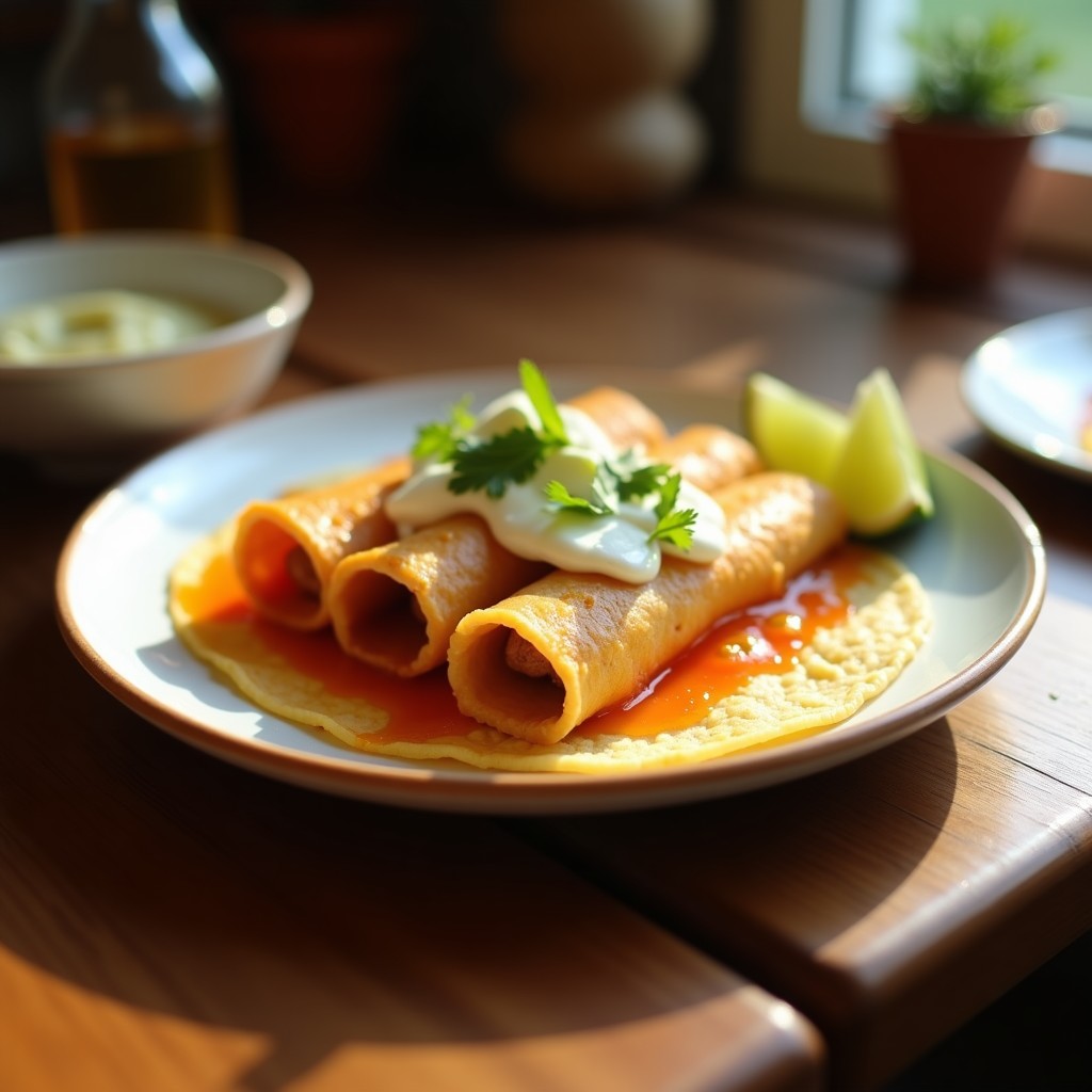 Tacos de flautas de hojaldre doradas y crujientes rellenas de queso de cabra cremoso y mermelada de cebolla caramelizada, servidos en una tabla de madera rústica con semillas de sésamo negro. Receta rápida en airfryer.