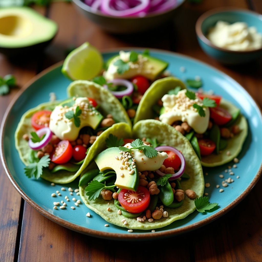Tacos veganos de hojas de nopal con queso cremoso de anacardos, aguacate, tomates cherry y cebolla morada, servidos en tortillas de maíz azules sobre un plato de barro rústico.