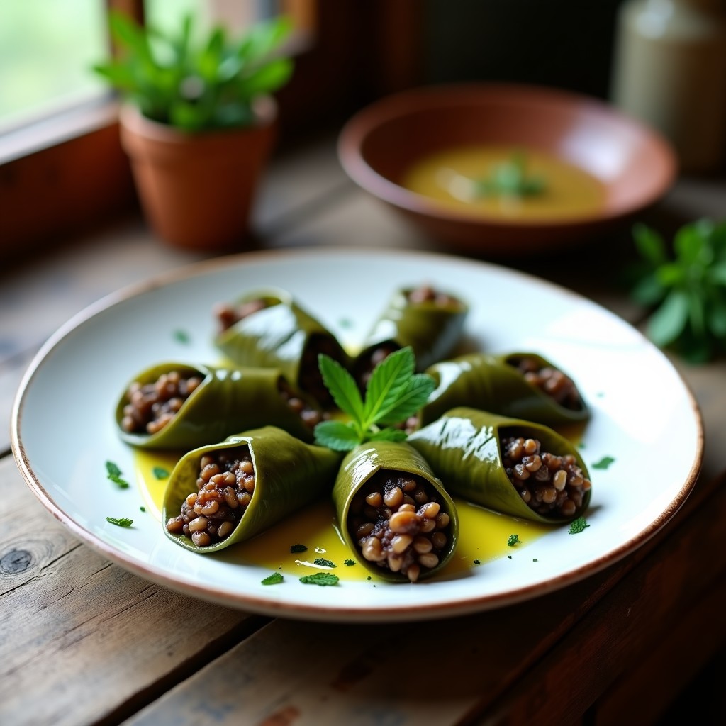 Tacos de hojas de parra rellenos de arroz salvaje y hongos shiitake, servidos en un plato de cerámica blanca sobre fondo rústico de madera. Las hojas de parra brillantes envuelven un relleno oscuro y texturizado, decorado con perejil fresco y un chorrito de aceite de oliva. Receta griega vegana.