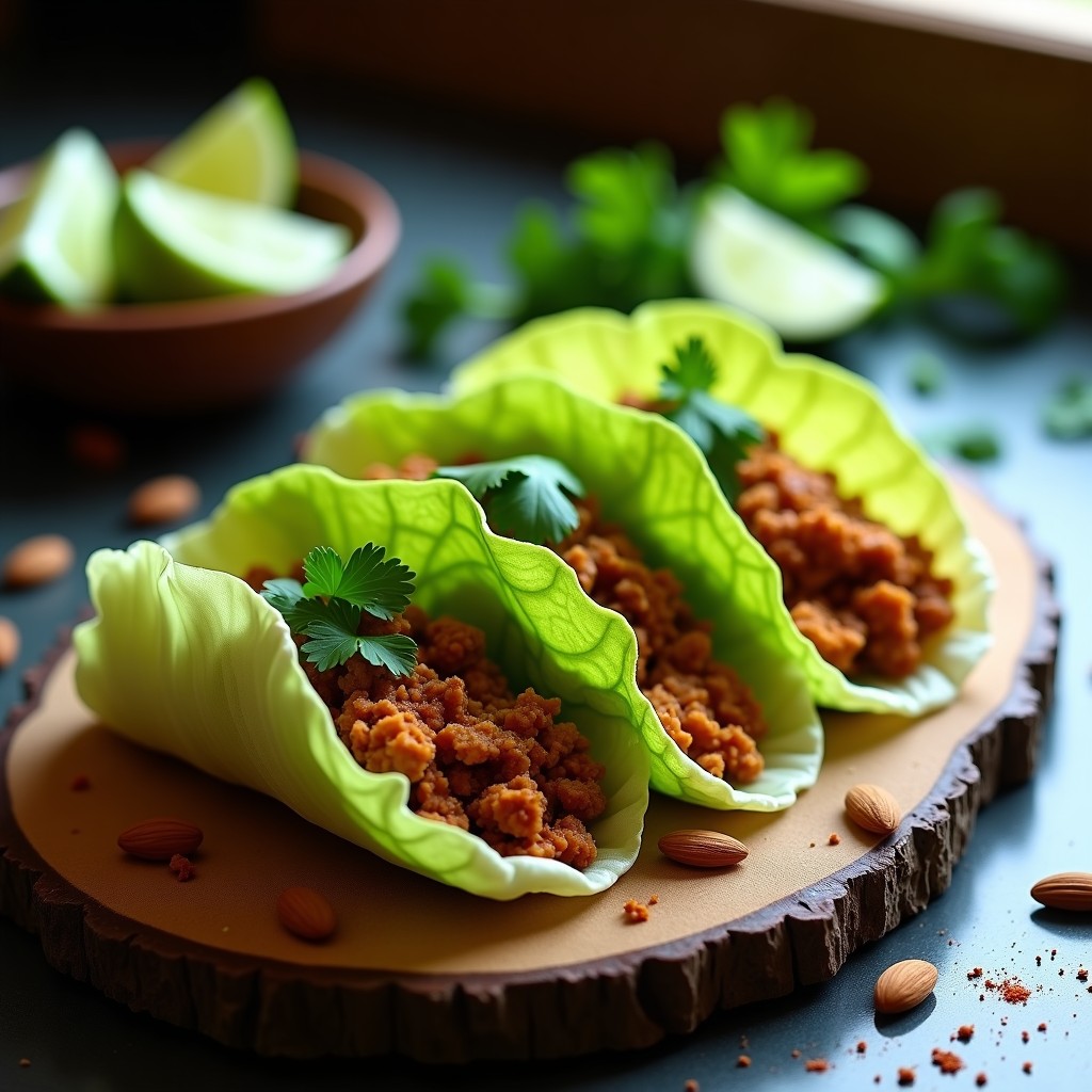 Plato de tacos de hojas de repollo verde rellenos de picadillo de jackfruit, decorados con cilantro fresco y servidos sobre una tabla de madera rústica. Receta vegana sin gluten.